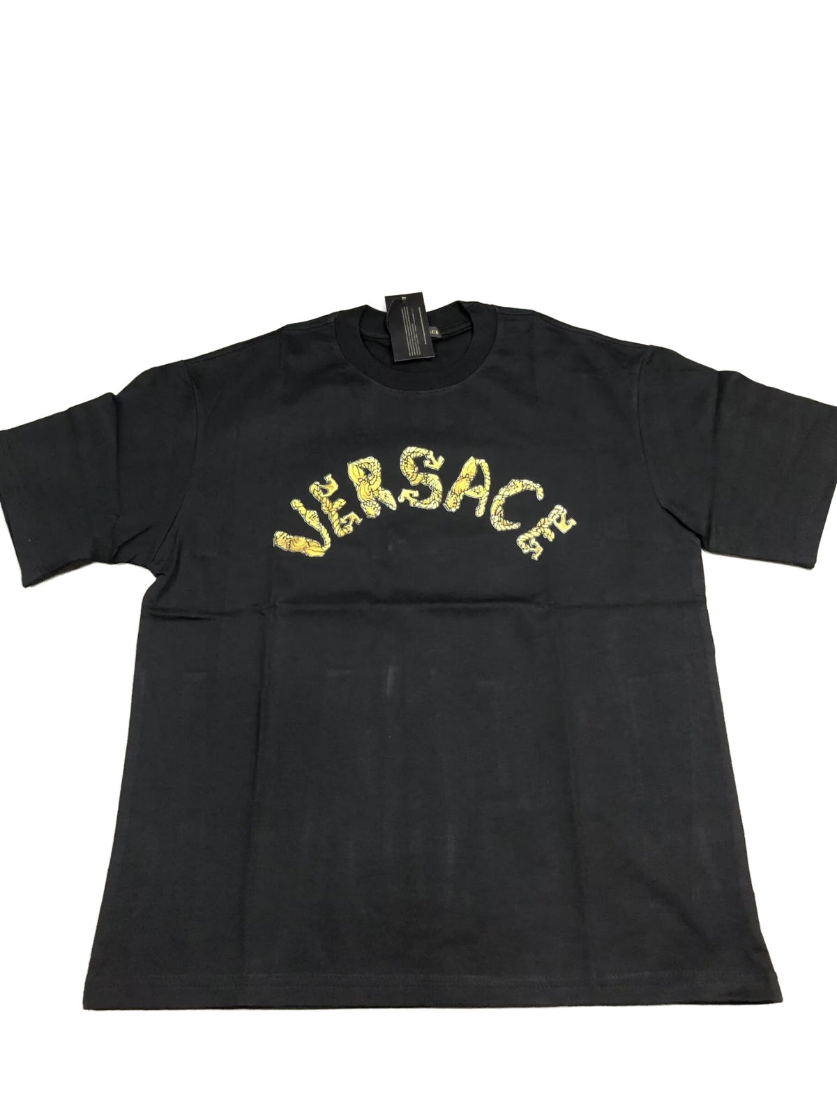 Black gold letter graphic T-shirt on white background