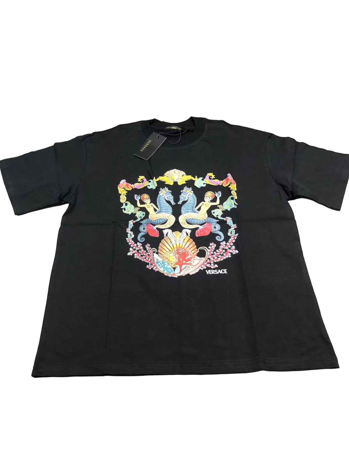Colorful sea graphic black T-shirt on white background