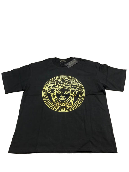 Gold outline Medusa black T-shirt on white background